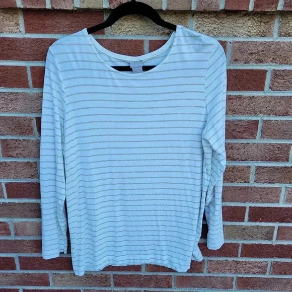 Chico's Shirt Women's Large Lightweight Long Sleeve Stripped - Picture 1 of 6